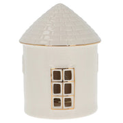 Cosy Lane LED light-up round cottage medium with textured conical roof, gold trim detail and cut-out window, battery operated