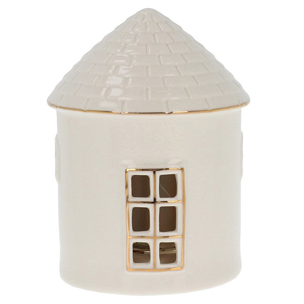 Cosy Lane LED light-up round cottage medium with textured conical roof, gold trim detail and cut-out window, battery operated