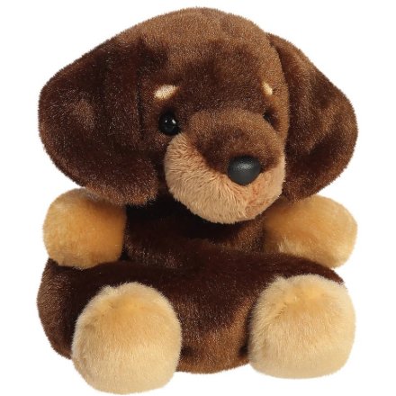 Houdini the Dachshund Palm Pals plush, chocolate brown soft toy dachshund with caramel muzzle, fluffy feet and black bead eyes, front view, white background