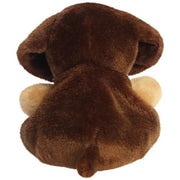 Houdini the Dachshund Palm Pals plush, rear view showing chocolate brown back, caramel fluffy feet and long floppy ears, white background