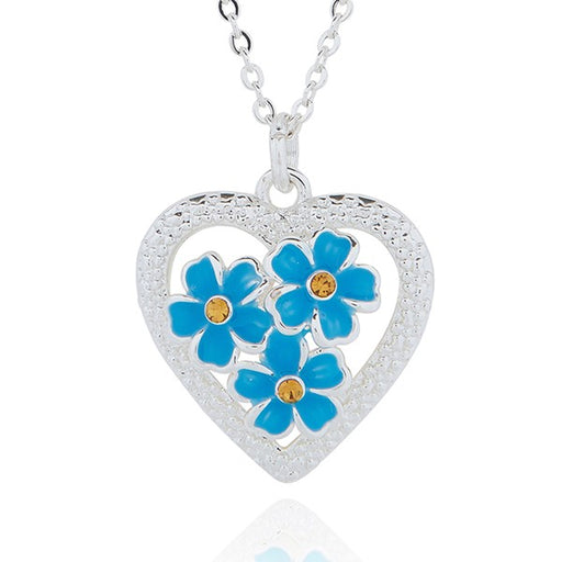 Equilibrium Forget Me Not Sparkle Heart Silver Plated Necklace with open heart pendant, sparkle-textured border and three blue flowers with amber coloured crystal-effect centres