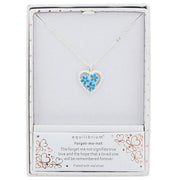 Equilibrium Forget Me Not Sparkle Heart Silver Plated Necklace shown in gift box with forget-me-not sentiment