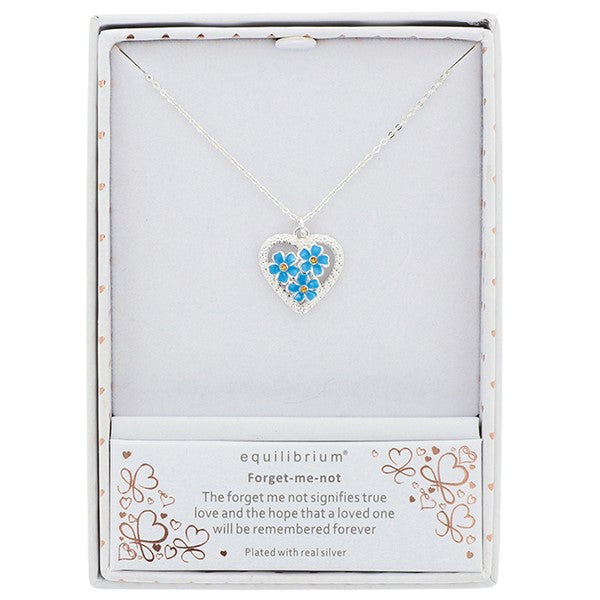 Equilibrium Forget Me Not Sparkle Heart Silver Plated Necklace shown in gift box with forget-me-not sentiment