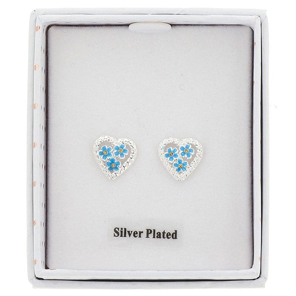 Forget Me Not silver plated heart earrings presented in a gift box