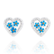 Forget Me Not silver plated heart earrings.  Three blue forget me not flowers set within a sparkling heart, on a white background