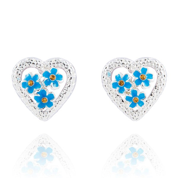 Forget Me Not silver plated heart earrings.  Three blue forget me not flowers set within a sparkling heart, on a white background