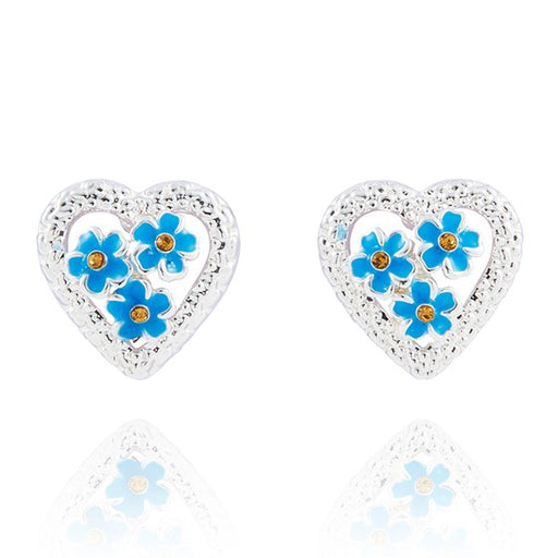 Forget Me Not silver plated heart earrings.  Three blue forget me not flowers set within a sparkling heart, on a white background