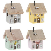 Spring Folk Art Cottage House ornaments in four pastel colours — grey, yellow, mint and pink — with wooden flower, wonky windows, heart, and screw chimney details