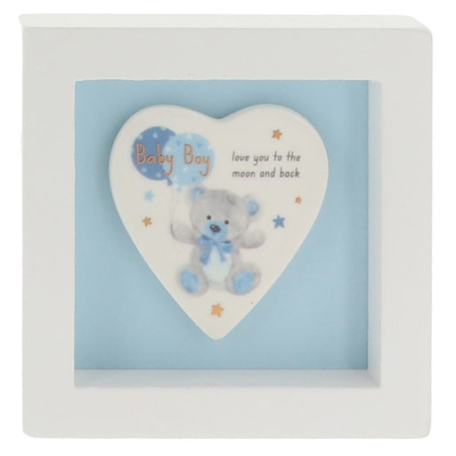 Little Bear Art Plaque Baby Boy — close-up of ceramic heart with teddy bear, blue balloons and stars, 'Baby Boy love you to the moon and back' inscription

