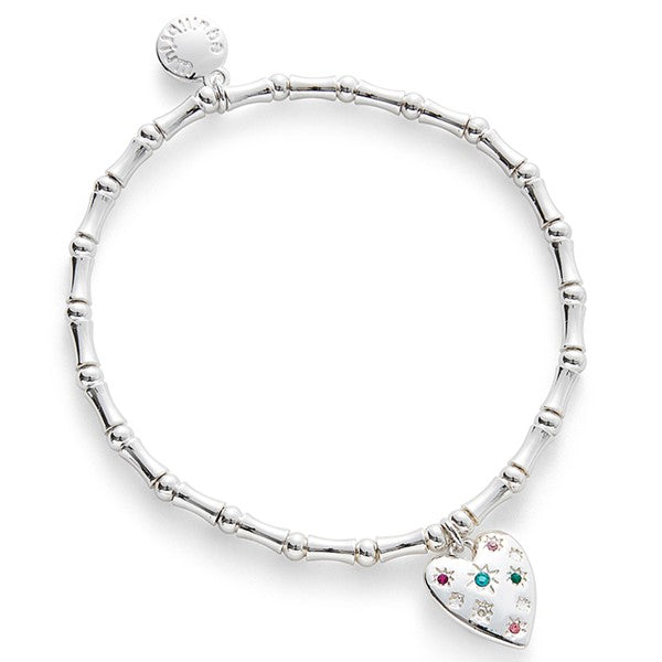Equilibrium Glam Rox Starburst Heart Silver Plated Bracelet with bamboo-style stretch band and multicoloured crystal-effect heart charm