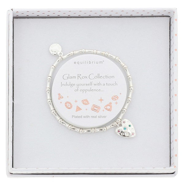 Equilibrium Glam Rox Starburst Heart Silver Plated Bracelet shown in gift box with Glam Rox Collection sentiment