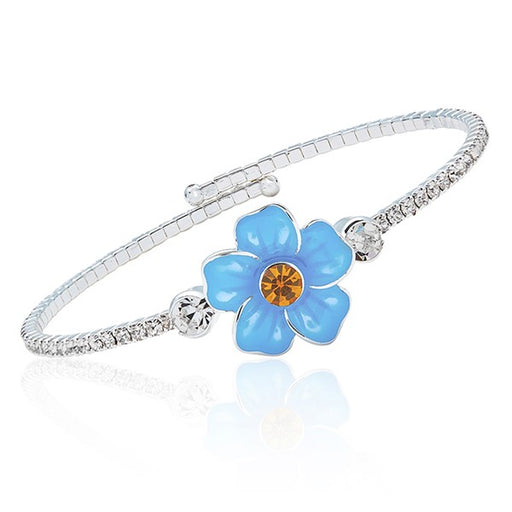 Equilibrium Forget Me Not Framed Silver Plated Bangle with crystal-effect stone band and blue flower with amber coloured crystal-effect centre