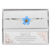 Equilibrium Forget Me Not Framed Silver Plated Bangle shown in gift box with forget-me-not sentiment 