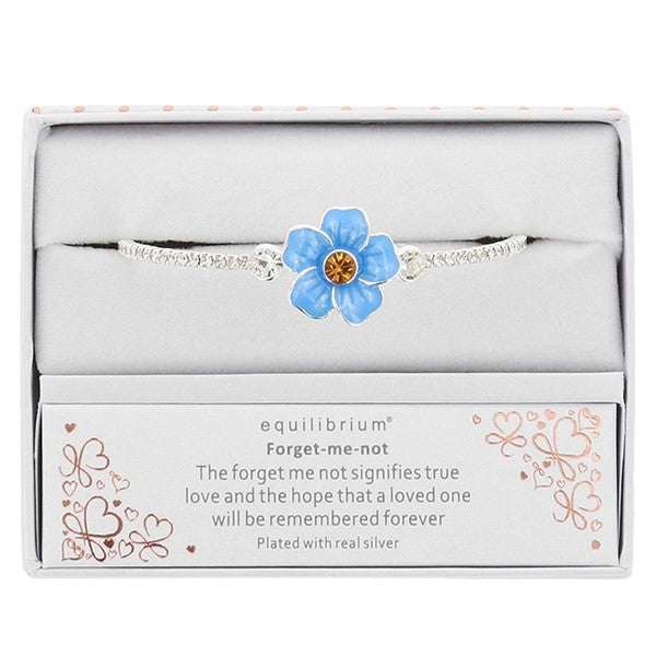 Equilibrium Forget Me Not Framed Silver Plated Bangle shown in gift box with forget-me-not sentiment 