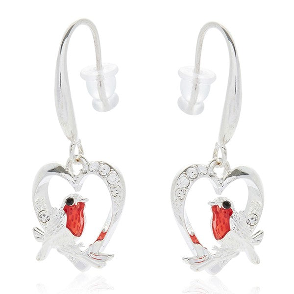Equilibrium Christmas robin heart drop earrings with crystal-effect detail and red-breasted robin, hook fastening