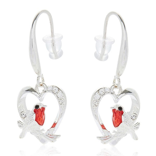 Equilibrium Christmas robin heart drop earrings with crystal-effect detail and red-breasted robin, hook fastening