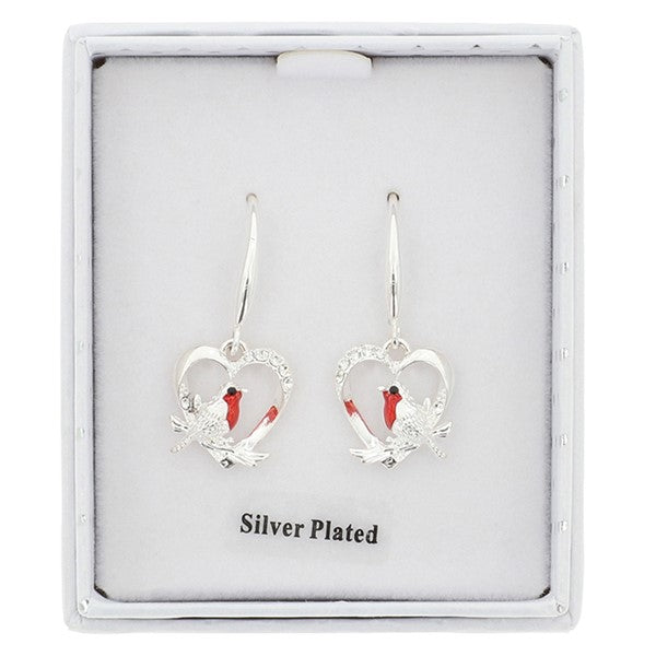 Equilibrium Christmas robin heart drop earrings presented in a white gift box, silver plated