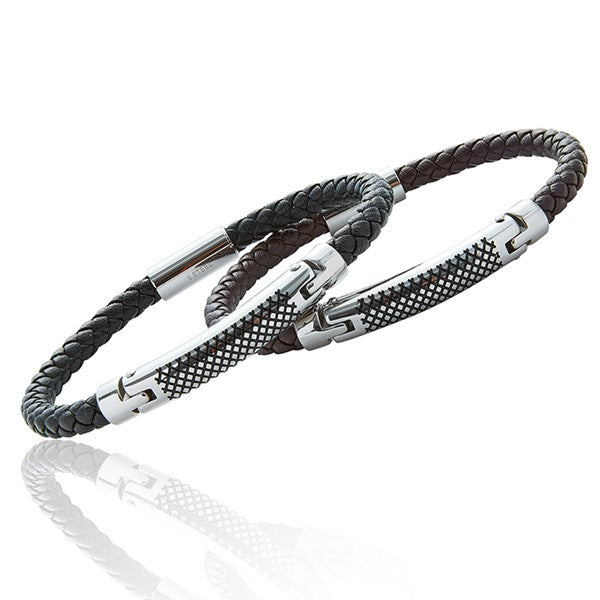 Close-up of herringbone leather weave and silver plating on EQ For Men braceletS