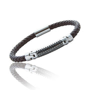Equilibrium EQ For Men Leather Herringbone Bracelet in black with silver-plated detailing
