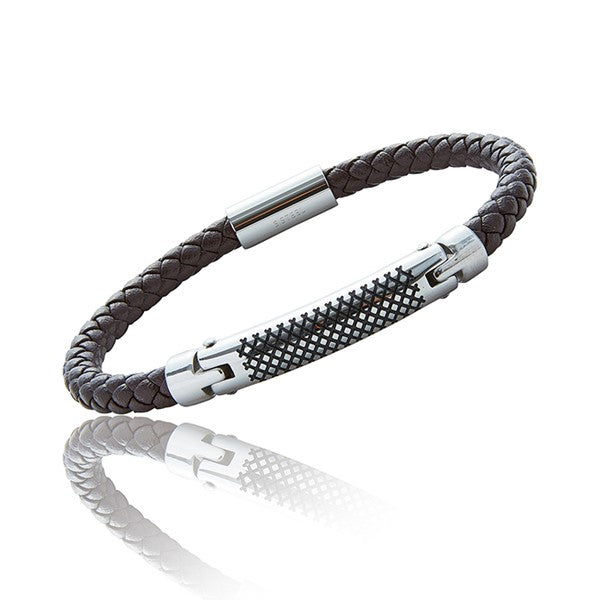 Equilibrium EQ For Men Leather Herringbone Bracelet in black with silver-plated detailing