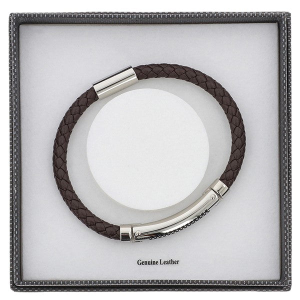 Equilibrium EQ For Men Leather Herringbone Bracelet in brown with silver-plated detailing