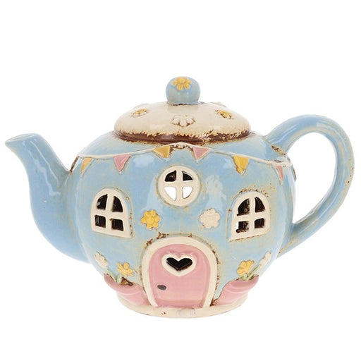 Pale blue handcrafted ceramic teapot cottage tealight holder with pastel pink door, flowers and bunting — Shudehill Village Pottery Collection