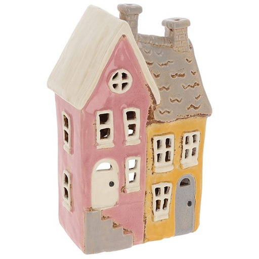 Village Pottery Terrace House Tealight Holder, hand-painted ceramic, presented on a white background