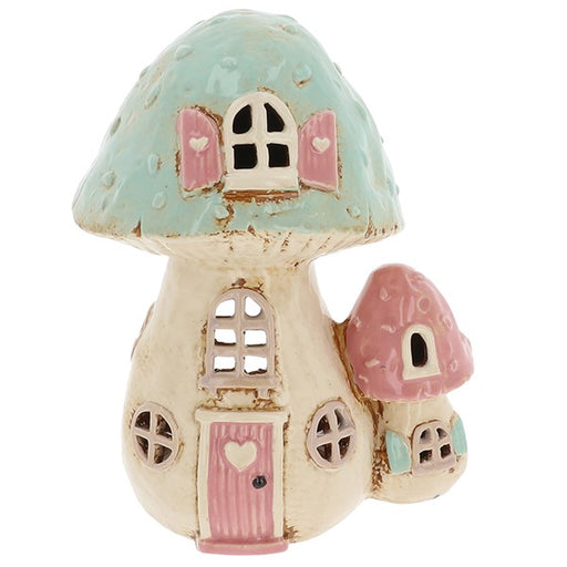 Village Pottery Double Toadstool House Tealight Holder, hand-painted ceramic, presented on a white background