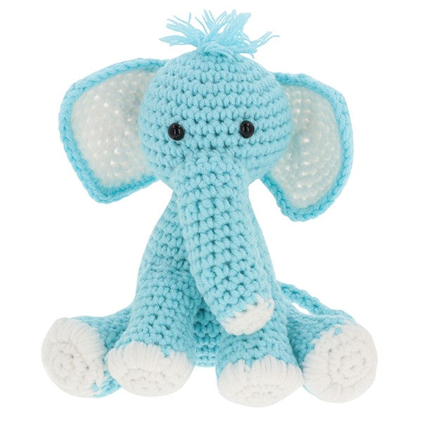 Completed blue elephant crochet character made using the Shudehill Creative Crochet kit