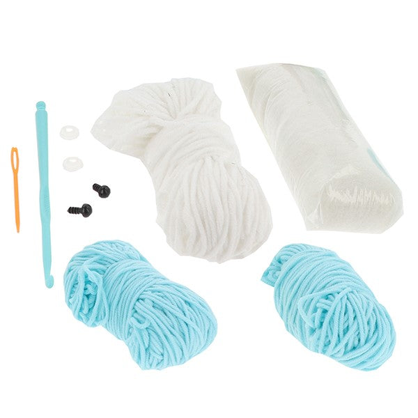 Creative Crochet Blue Elephant Kit — contents including yarn, crochet hook and instructions