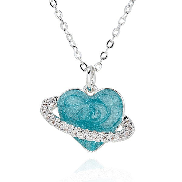 Iced Gem Planet Heart Silver Plated Necklace