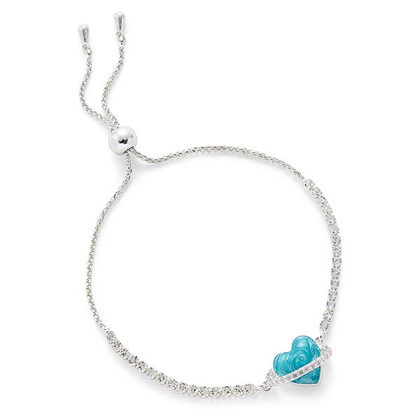 Equilibrium Iced Gems Planet Heart Friendship Bracelet with turquoise crystal-effect heart and Cubic Zirconia pavé orbital ring on sparkling silver-plated twisted rope chain with bolo adjuster