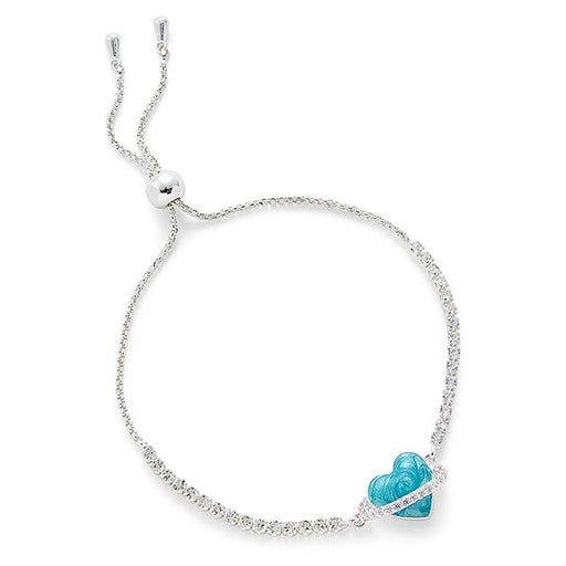 Equilibrium Iced Gems Planet Heart Friendship Bracelet with turquoise crystal-effect heart and Cubic Zirconia pavé orbital ring on sparkling silver-plated twisted rope chain with bolo adjuster