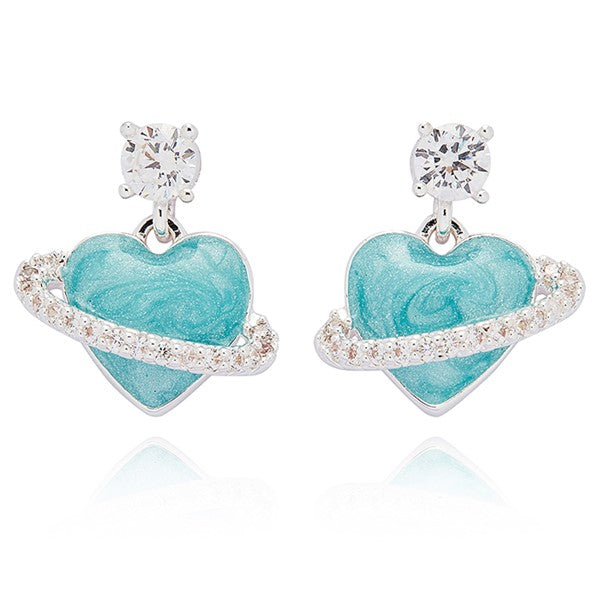 Iced Gem Planet Heart Silver Plated Earrings
