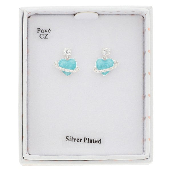 Iced Gem Planet Heart Silver Plated Earrings