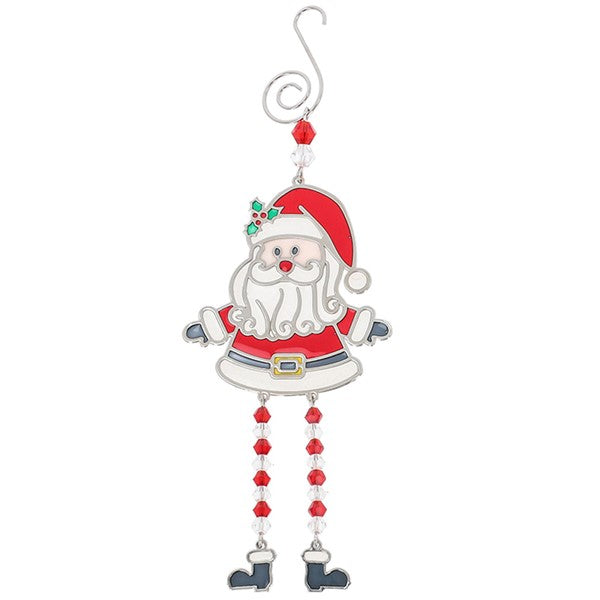 A stained glass style Christmas Santa decoration in red with a white curly beard, gold buckle belt, holly detail and dangly red and clear bead legs with boot charms, on a white background