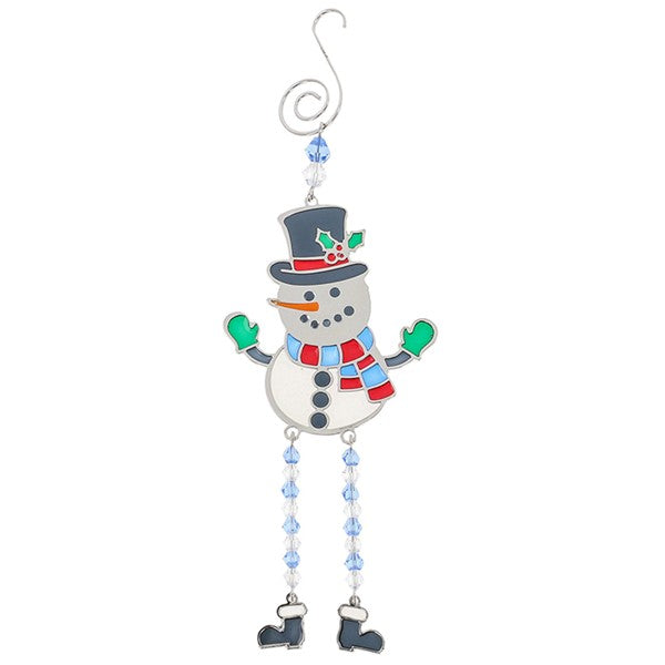 A stained glass style Christmas snowman decoration with a dark blue top hat and holly, red and blue striped scarf, green mittens and dangly blue and clear bead legs with boot charms, on a white background