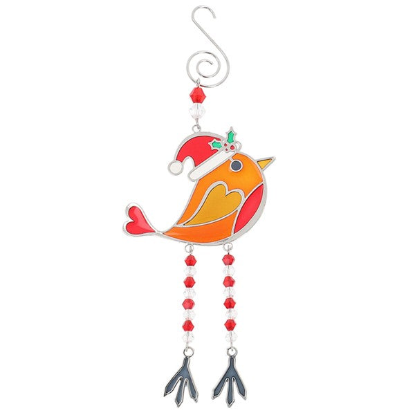 A stained glass style Christmas robin decoration in orange and red with a red Santa hat and holly sprig, dangly red and clear bead legs, and a silver spiral hanging hook, on a white background