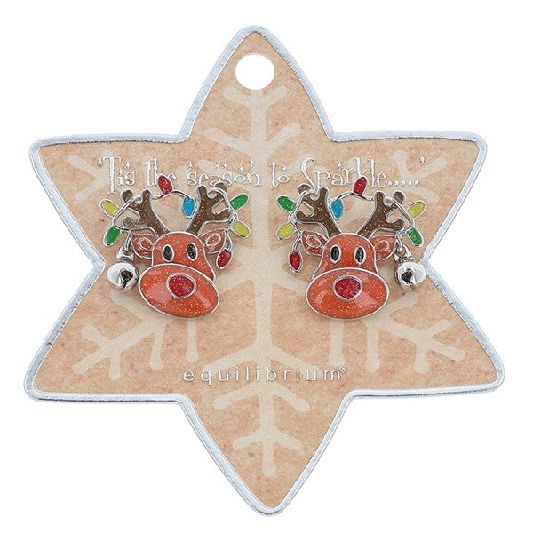Equilibrium Christmas reindeer stud earrings with red nose, moving muzzles, colourful fairy light antler detail and bell charm, presented on a snowflake gift card