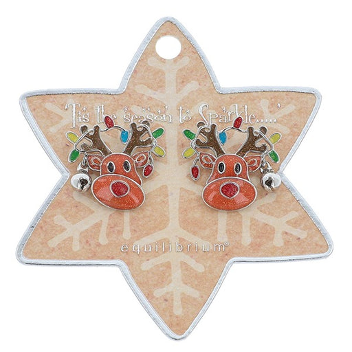 Equilibrium Christmas reindeer stud earrings with red nose, moving muzzles, colourful fairy light antler detail and bell charm, presented on a snowflake gift card