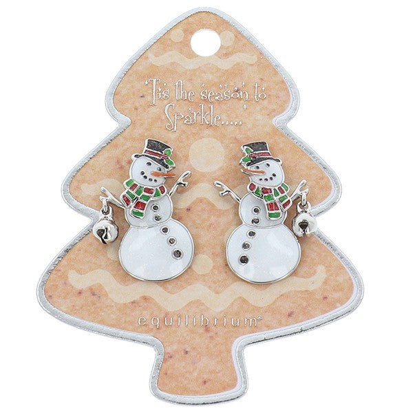 Equilibrium Christmas snowman drop earrings with moving heads, tartan scarf, black top hat and jingle bell detail, presented on a Christmas tree gift card