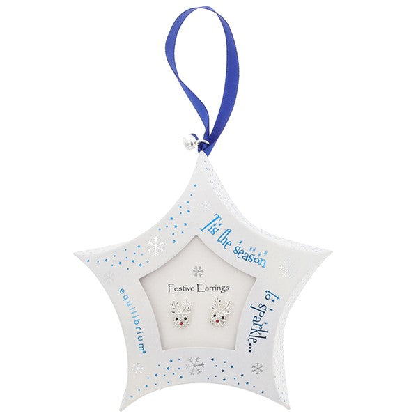 Equilibrium Christmas reindeer stud earrings presented in a white star-shaped gift box with blue ribbon hanger and snowflake detail