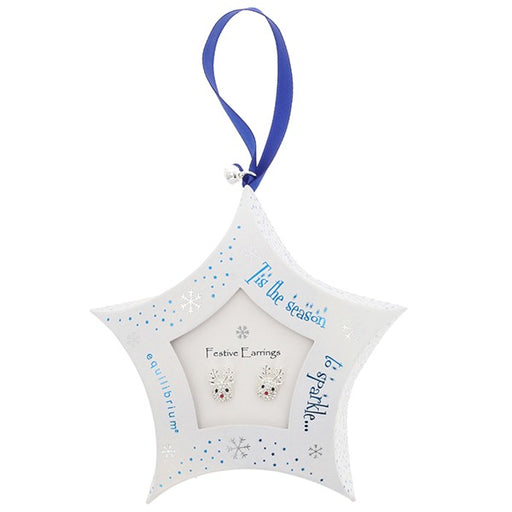 Equilibrium Christmas reindeer stud earrings presented in a white star-shaped gift box with blue ribbon hanger and snowflake detail