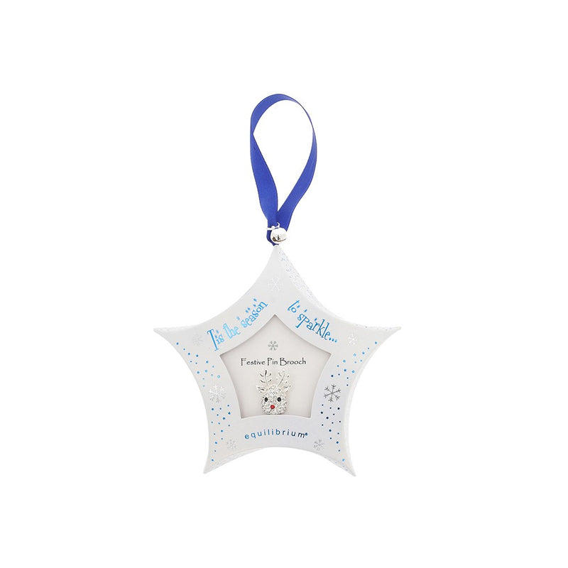 Equilibrium silver plated reindeer pin brooch displayed in a star-shaped gift box with a ribbon loop