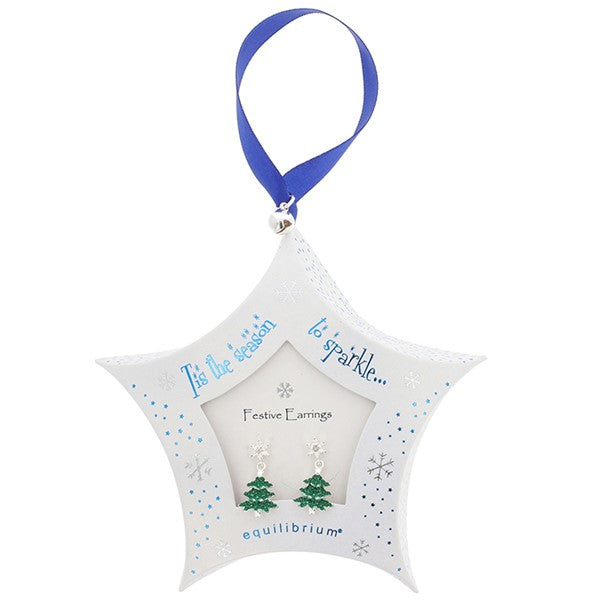 Equilibrium silver plated Christmas tree drop earrings with crystal-effect detail, presented in a star-shaped white gift hanger with blue satin ribbon and "Tis the season to sparkle..." sentiment