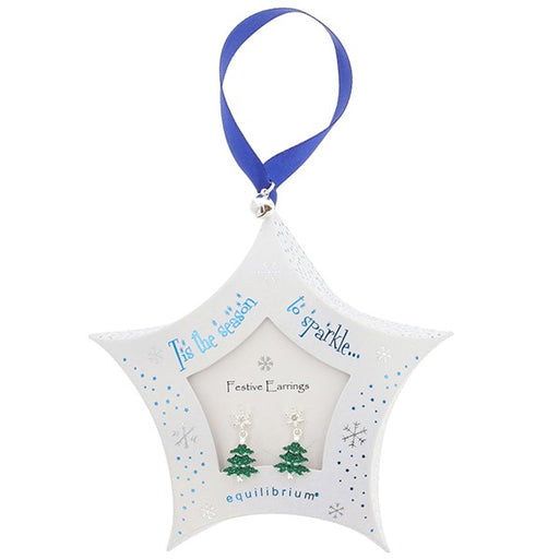 Equilibrium silver plated Christmas tree drop earrings with crystal-effect detail, presented in a star-shaped white gift hanger with blue satin ribbon and "Tis the season to sparkle..." sentiment