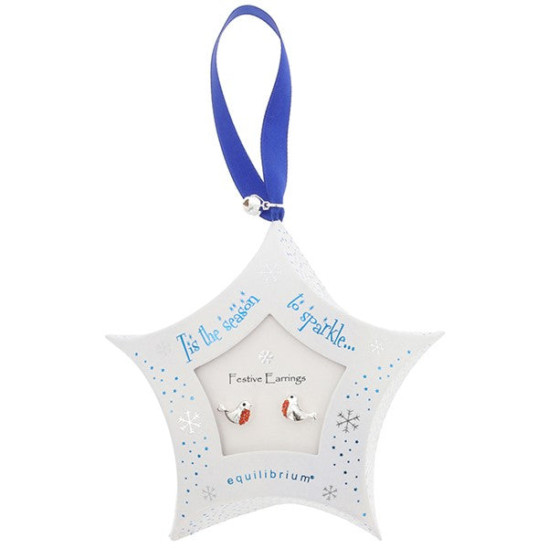 Equilibrium Christmas robin stud earrings with Santa hat detail, presented in a white star-shaped gift box with blue ribbon hanger and snowflake detail