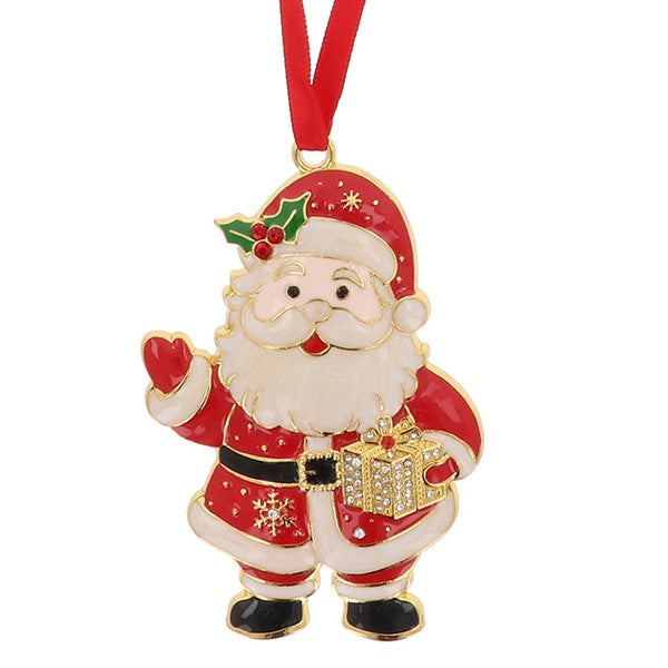 Santa Claus Christmas tree hanging decoration with red ribbon, gold outline, crystal-effect gift box detail and holly sprig on hat, presented in a Christmas Treasures gift box, 9 x 6cm