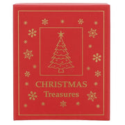 Christmas Treasures red gift box with gold Christmas tree and snowflake design.
