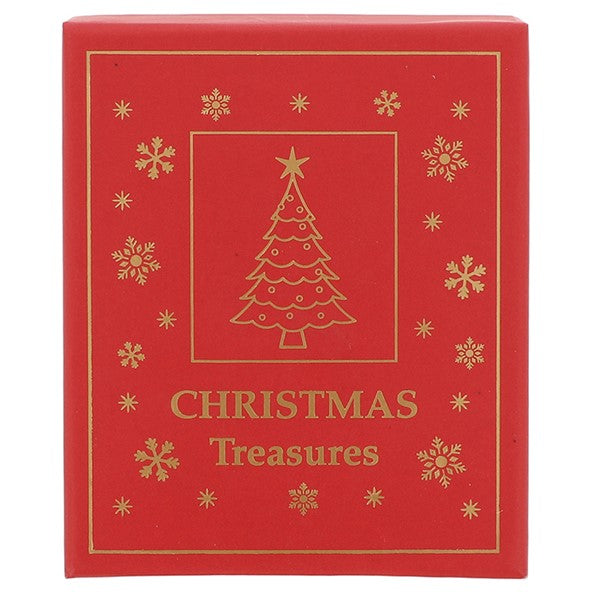 Christmas Treasures red gift box with gold Christmas tree and snowflake design.